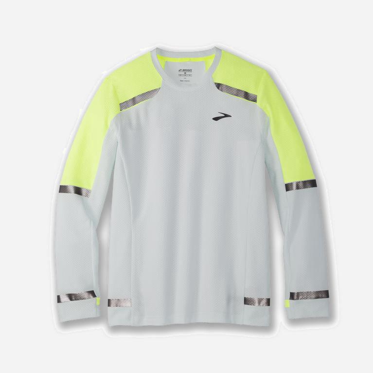 Brooks Carbonite NZ - Men's Long Sleeve Running Shirt - Icy Grey/Nightlife/GreenYellow (87192-DOQM)